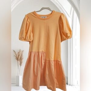New English Factory  Knit Woven Puff Sleeve Mixed Dress
